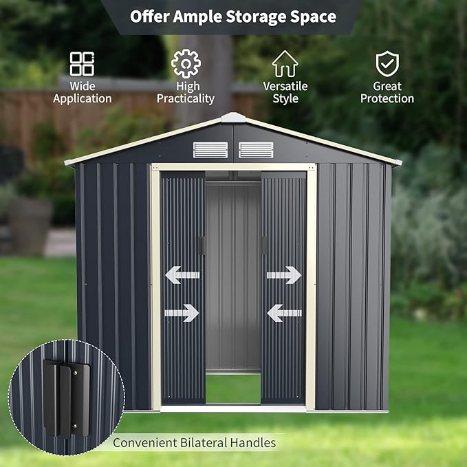 Goplus Storage Shed, Metal 7' X 4' Outdoor Building Organizer with 4 Vents & Double Sliding Door for Garden Backyard Farm (7'X4')