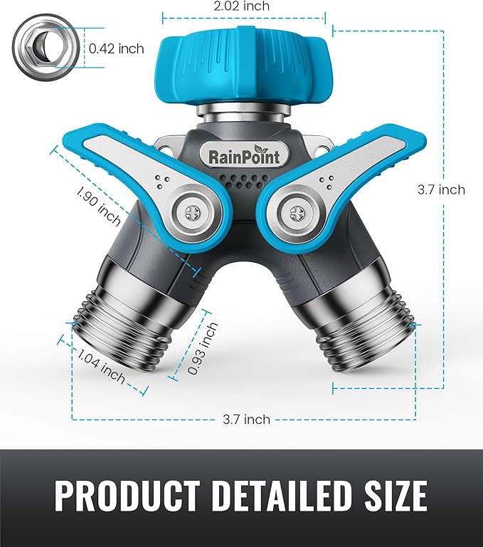 RAINPOINT Garden Hose Splitter, 2 Way Heavy Duty Water Hose Y Spigot Splitter with Shutoff Valves, 100% Metal Body Outdoor Faucet Splitter, 1.9" Extra Long Metal Handle, 3/4" GHT Thread (2, Blue)