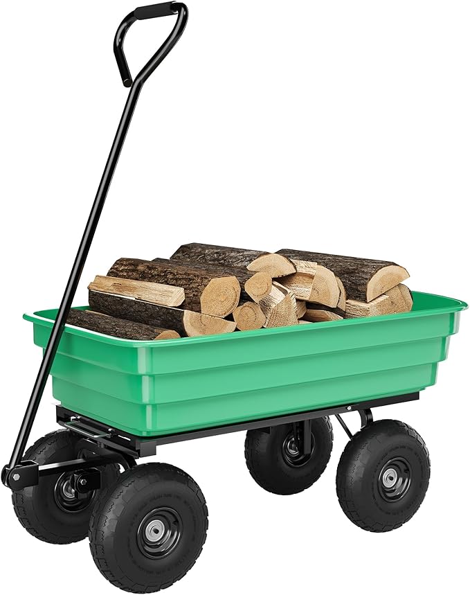 Heavy Duty Garden Dump Cart with 1200 Lbs Capacity – 4 Cu.Ft Yard Utility Wagon with 10" All-Terrain Tires, 180° Adjustable Handle & Quick-Release Tipping for Soils, Plants & Tools, Green