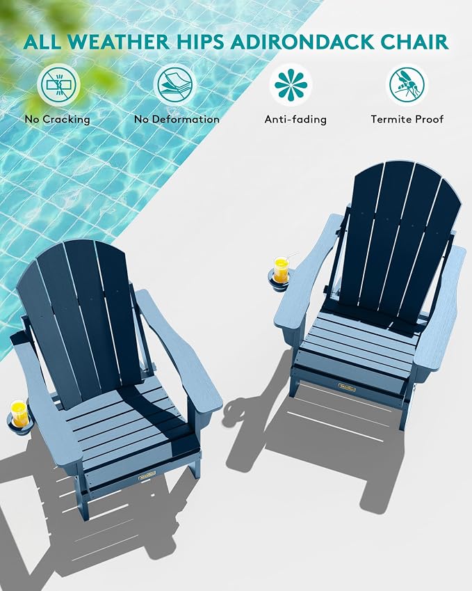 SERWALL Foldable Adirondack Chair Set of 2 for Patio Garden Outdoors Fire Pit-Blue