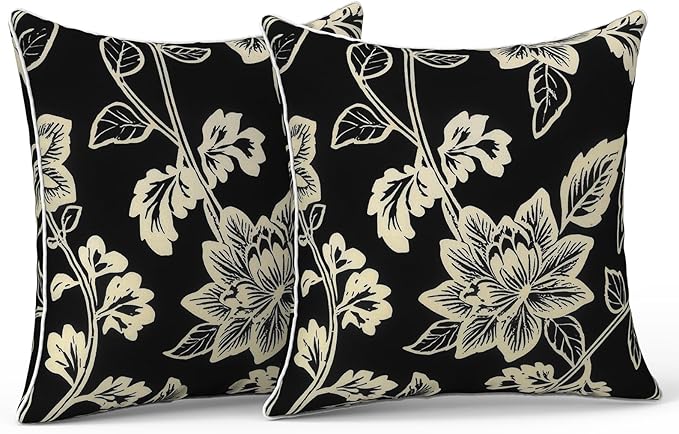 LVTXIII Outdoor Throw Pillows 18x18 Patio Waterproof Square Pillows with Piping Fade Resistant Accent Pillow for Spring Summer Garden Decoration, Set of 2, Elegant Vines Black