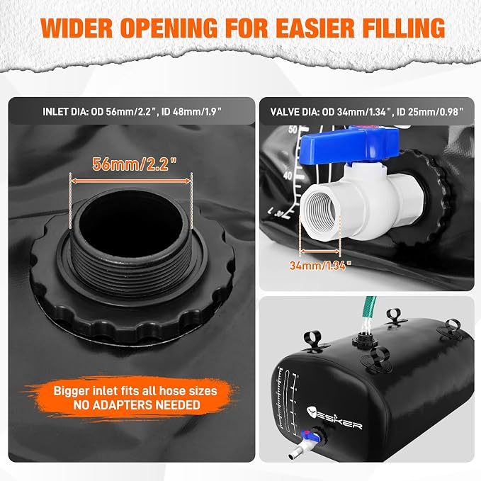 Yesker Portable Water Storage Bladder 30 Gallon – Heavy-Duty 1000D PVC Foldable Water Bladder Tank with 3/4" PVC Spigot for Garden, Camping & Car Use, Black