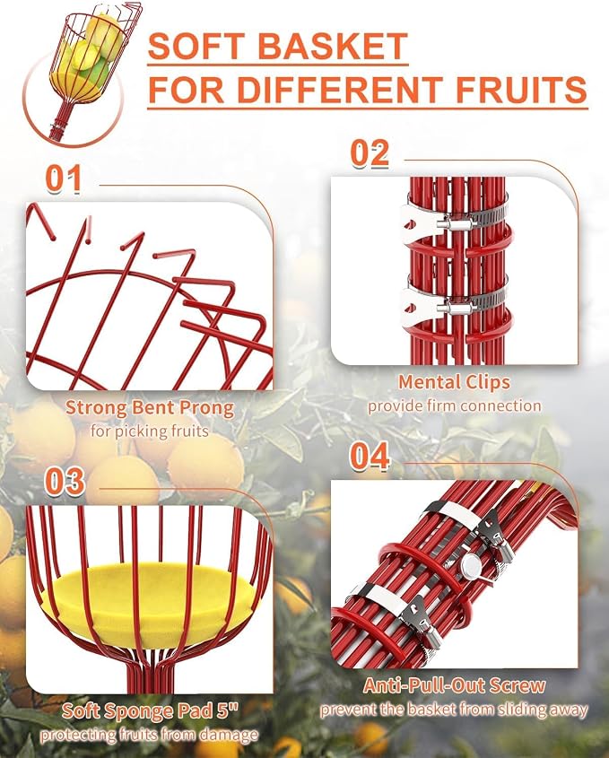 AgiiMan 28 Reach Fruit Picker with Telescopic Extension Pole, 5 to 20 FT Fruit Picker Pole Lightweight and Sturdy Aluminum Telescopic Pole, Easy to Assemble Fruit Picking Basket
