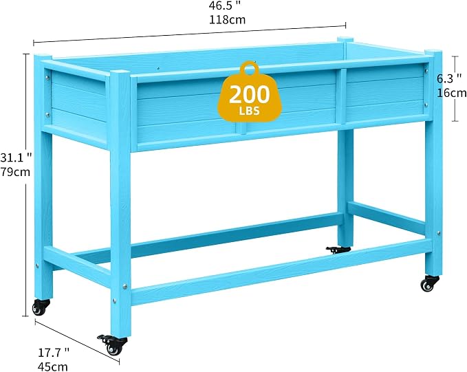 DWVO Raised Garden Bed HDPE with Wheels 47x18x31in Weather-Resistant Poly Wood Raised Planter Box Outdoor with Legs, Elevated Garden Bed for Patio Balcony Backyard, Blue