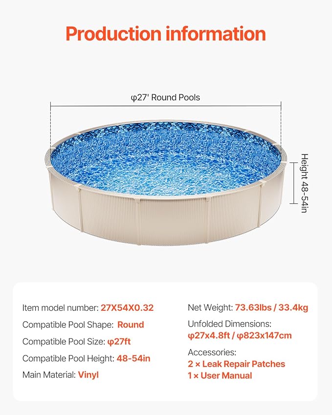 VEVOR 27-ft Round Above Ground Pool Liner, Overlap Pool Liners, Standard Gauge Vinyl, 48-to-54inch Wall Height, Designed for Steel Sided Above-Ground Swimming Pools