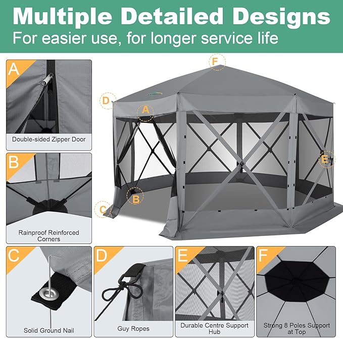 COBIZI 15x15 FT Pop Up Gazebo - Canopy Tent, Large Gazebos On Clearance with Sidewalls, Screened in Gazebo,carpas para Patio,Portable Screen Tents for 12-15 Persons Outdoor Camping, Backyard,Gray