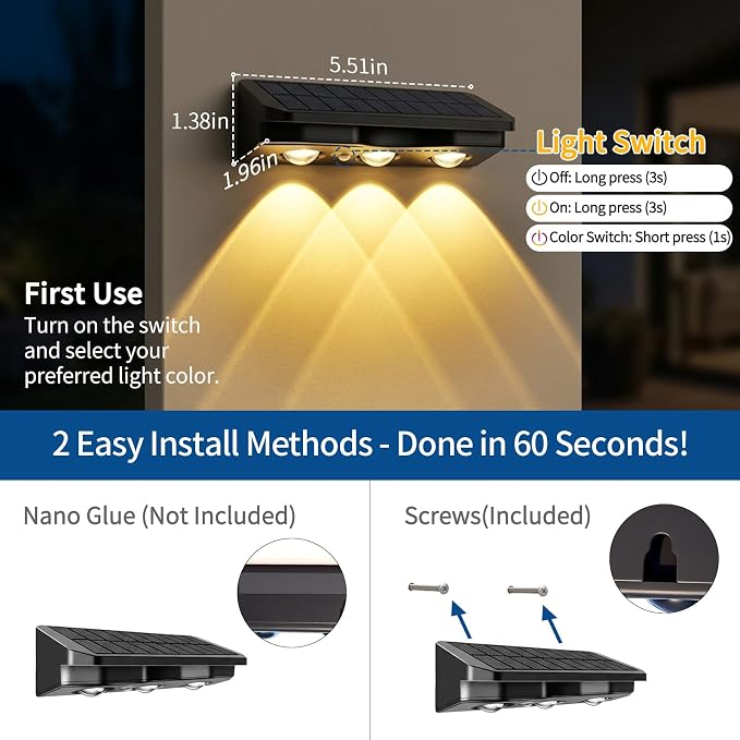 Solar Fence Lights Outdoor 2 Pack, Solar Lights Outdoor Waterproof Dusk to Dawn Deck Light, Brighter LED Lens Outdoor Lighting for Stairs, Step, Fence, Yard, Patio, and Pathway