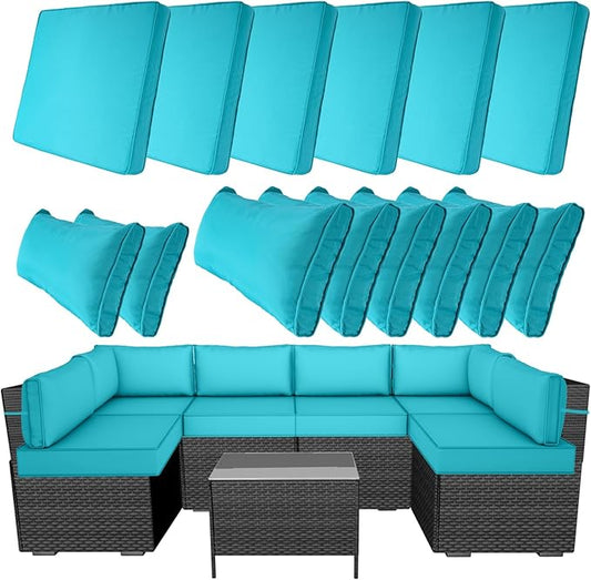 14 Piece Outdoor Furniture Replacement Cushions, Cover+Filling, 25.6" x 25.6" x 4" Foam Waterproof Outdoor Sofa Cushion Sets, Fit Wicker Rattan Sectional Conversation Set, Lake Blue