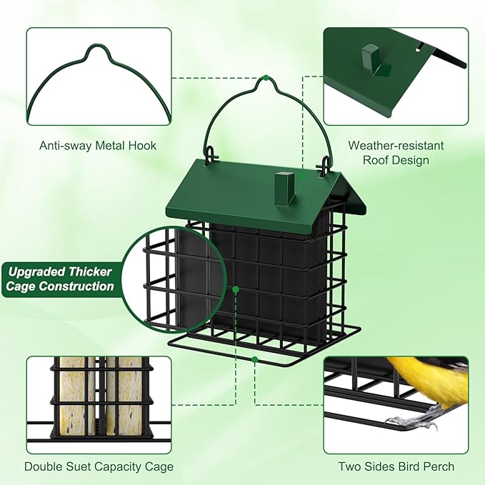 Gbekery All-Metal Double Suet Bird Feeder for Outdoors Hanging, Suet Cake Cage Holder with Weather-Resistant Roof & Perch for Outside Garden, Green