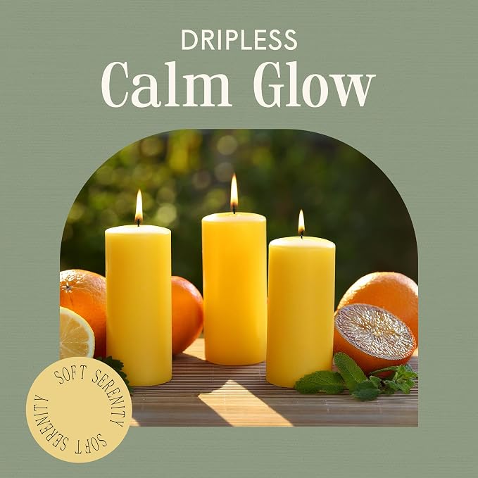 Mister Candle Citronella Candles, Ideal for Outdoor & Indoor Use, 3" x 6" Yellow Pillar Candles Set of 3, Hand Poured, Premium Wax & Dripless, 60 Hour Burn Time