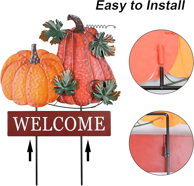 YEAHOME Fall Decorations for Home Outdoor, 22" Decorative Garden Stakes with 2 Pack Pumpkin Welcome Sign Fall Decor, Metal Yard Sign for Outside Garden Yard Lawn Patio Backyard Porch Decorations
