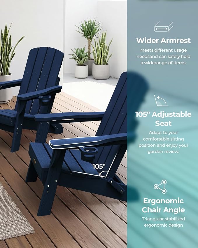 Folding Adirondack Chair, HDPE Adirondack Chairs with 2 Cup Holder, Plastic All-Weather Fire Pit Chairs, Outdoor Lawn Chair for Patio Garden (Tibetan Blue)