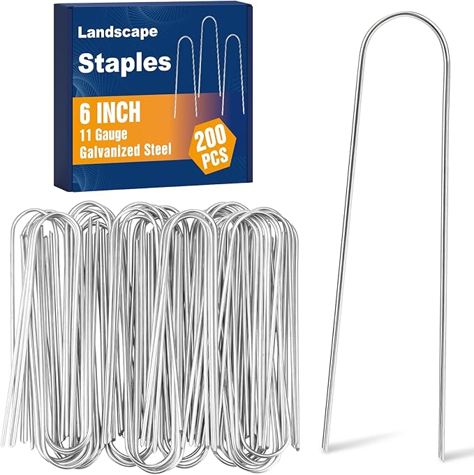 Whonline 200 Pack Landscape Staples 6 Inch, Galvanized Round-Top Garden Stakes Tent Stakes Heavy Duty 11 Gauge U Pins Ground Lawn Staples for Weed Barrier Fabric, Fence, Irrigation Soaker Drip Hose