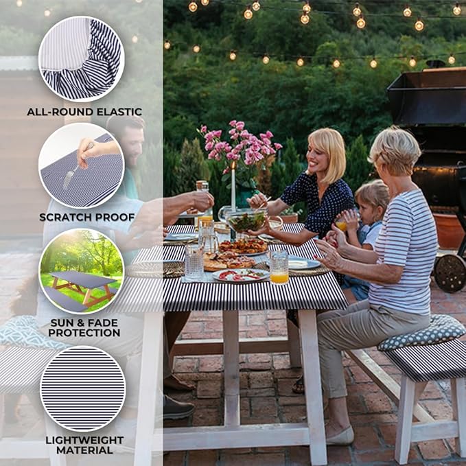 RNOONY 8ft Polyester Picnic Table Cover with Bench Covers Windproof & Waterproof Tablecloth, Perfect Camping Gifts, RV Essentials, Cool Camping Gadgets, Carrying Bag, 96x30 Inches 4Pcs Blue Stripes