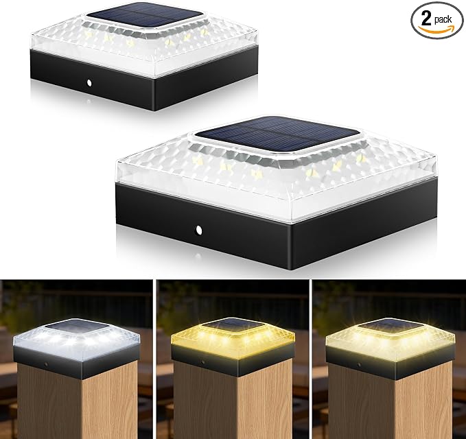4x4 Solar Post Cap Lights 2 Pack, 3 Color Modes & 2 Brightness, IP67 Waterproof Fence/Deck Lights with Auto On/Off, 12-20H Runtime, No Wiring Needed for Outdoor Garden Yard