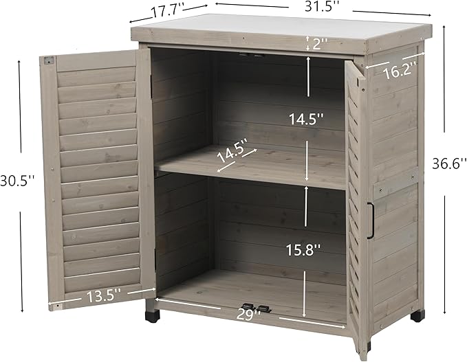 YOPTO Outdoor Wood Storage Cabinet,Garden Shed Tool with Metal Table Top, Backyard Waterproof Shelter W/Ventilated Screen Door & 2 Handles,2 Compartments,Workstation for Lawn,31x17x36'',Grey