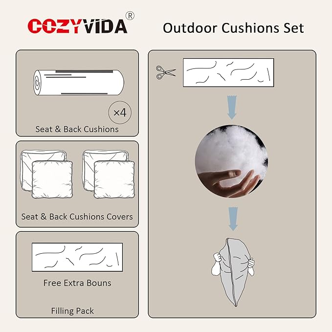 COZYVIDA Outdoor Deep Seat Cushion Set of 2, 22"x24" Seat & 23"x19" Back, C0 Water-Resistant Breathable Fabric, UV-Resistant 1000+ Hrs, 30D Foam with Recycled Fiber Fill,Putty