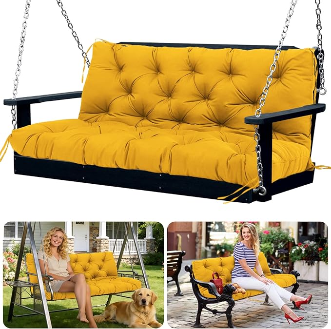Porch Swing Cushions 2 Seater Replacement Thicken 5" Waterproof Swing Cushions for Outdoor Furniture Bench Patio Swing Cushion with Backrest & Ties(Yellow 48x40x5inch)