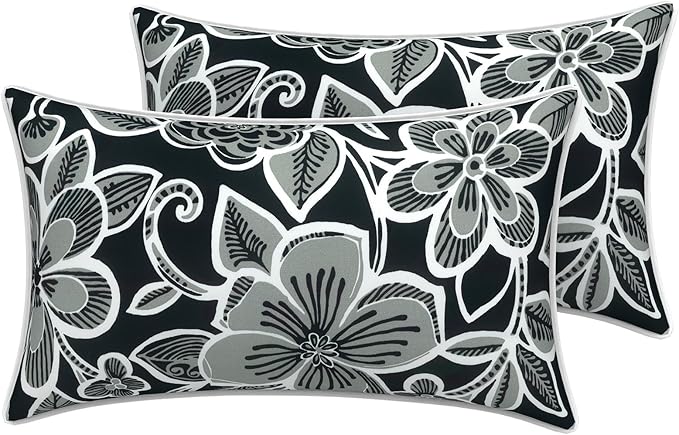 LVTXIII 2 Pack Outdoor Lumbar Pillow Covers 12x20 Inch with Piping, Water-Repellent Back Cushion Covers ONLY for Patio Furniture, Sofa, Garden Bench, Flower Black