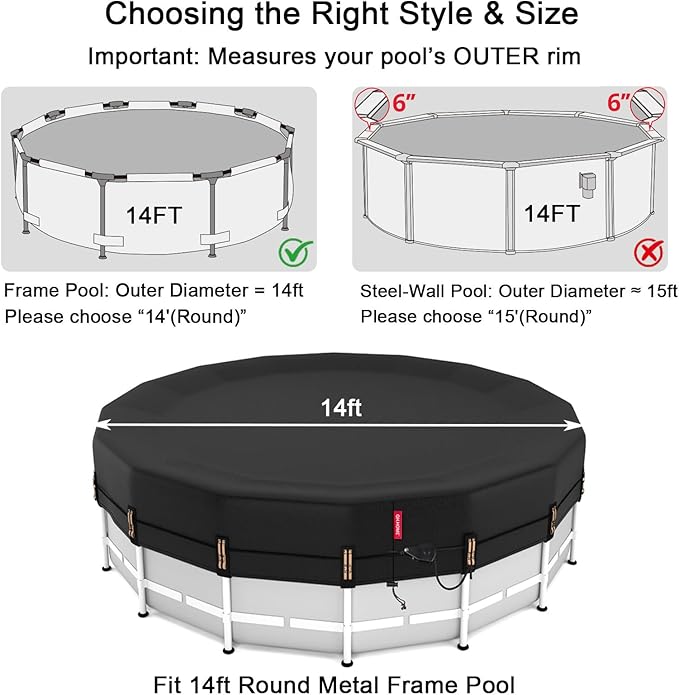 QH.HOME 14ft Round Pool Cover,[Ultimate Windproof & Tear-Resistant Fabric],Snug Fit with Patented Ratchet & Weight Rings,Solar Pool Cover for Above Ground Pools, Blocks Leaves &Waterproof