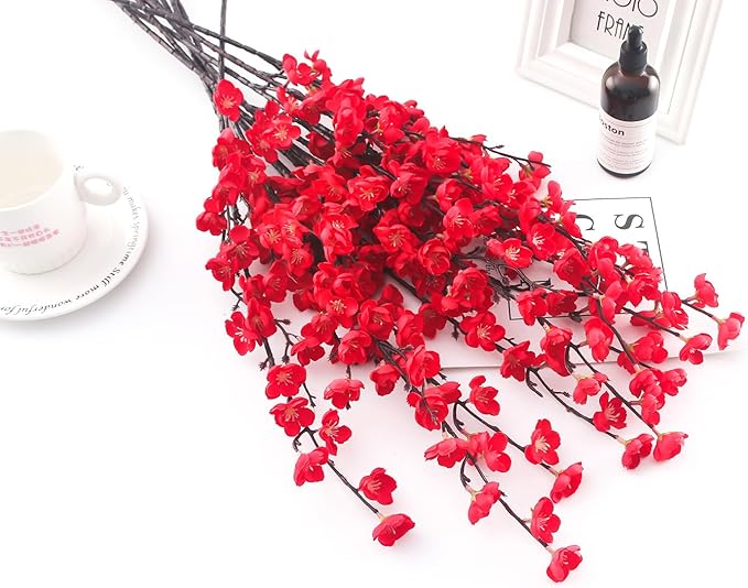5 Pcs Artificial Plum Blossom Fake Wintersweet Long Stem Plastic Flowers Home Hotel Office Wedding Party Garden Decor 27.5'' High Red