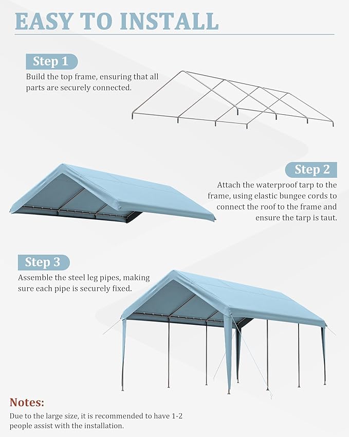 10 X 20 Ft Canopy Replacement Cover Heavy Duty Waterproof UV & Tear Resistant Car Tarp Canopy Tent Garage Top Shelter Oxford Cover with Ball Bungees (Frame is Not Included)