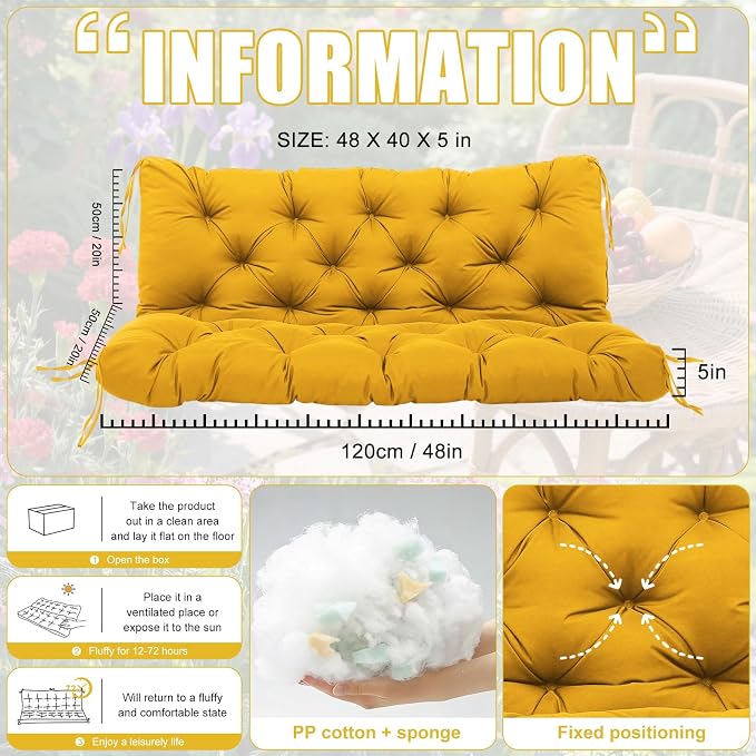Porch Swing Cushions 2 Seater Replacement Thicken 5" Waterproof Swing Cushions for Outdoor Furniture Bench Patio Swing Cushion with Backrest & Ties(Yellow 48x40x5inch)