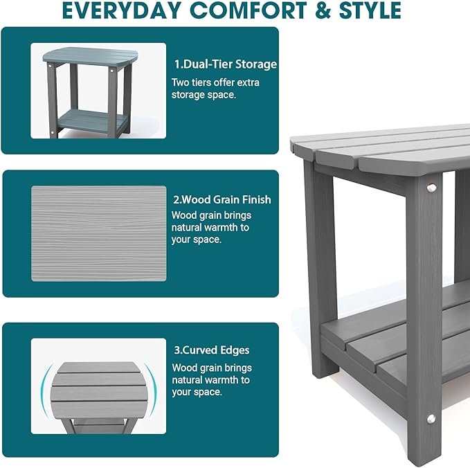 THOEOE Adirondack Outdoor Side Table, 2-Tier Sturdy Patio End Table Weather Resistant, Morden Side Table for Patio, Pool, Porch, Grey