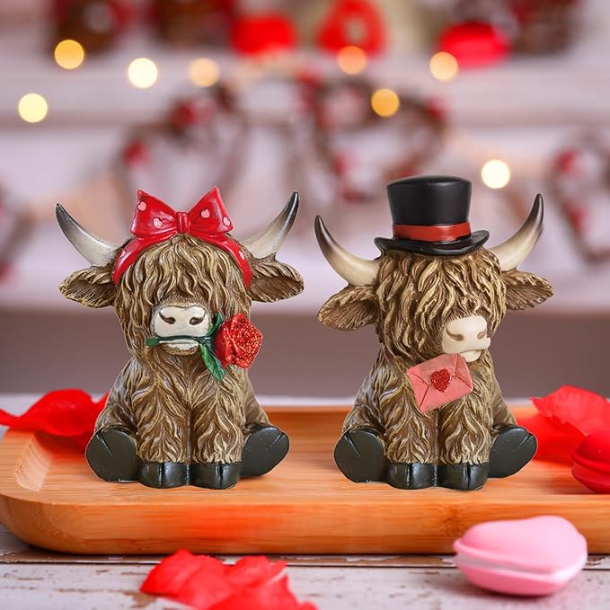 Simgoing 2 Pack Valentine's Day Highland Cow Figurines Love Heart Highland Cow Gnome with Rose Valentines Couple Statue Sweet Valentines Table Decoration for Farmhouse Tiered Tray Garden Home