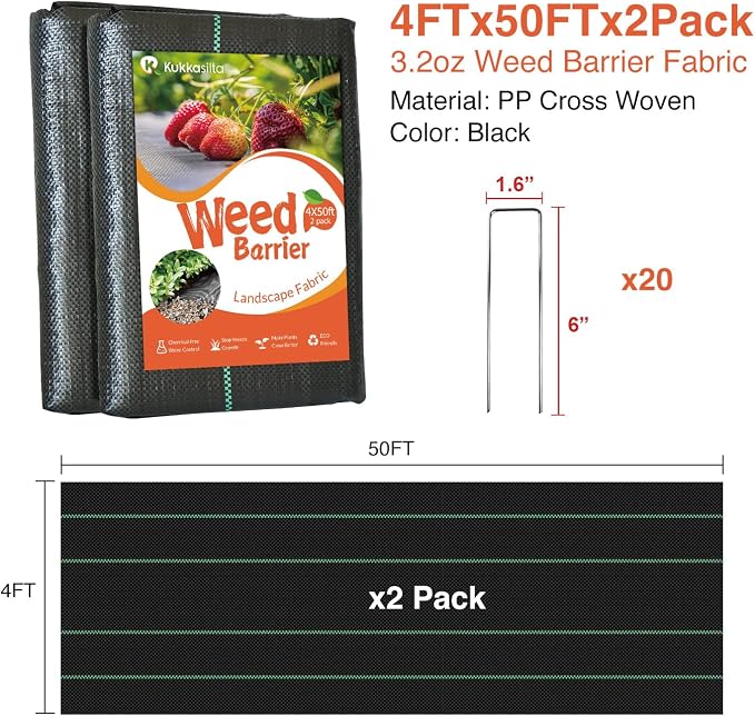 4ftx100ft Weed Barrier Landscape Fabric Heavy Duty, Premium 3.2oz Gardening Weed Control Mat, Ground Cover for Gardening, Farming with 20 U-Shaped Securing Pegs