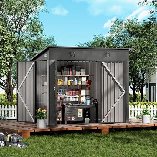COMHOMA 8'x4' Shed Outdoor Storage,Metal Garden Tool Utility | Steel Tool Shed with Lockable Doors, Sloping Roof, and Air Vent. Perfect for Backyard, Patio, Lawn, and Poolside
