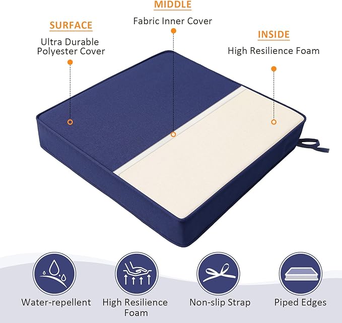 Unimatta Square Corner Seat Cushions, 18.5" x 16" x 3", Set of 4, Indoor Outdoor Water Repellent Universal Chair Pads with Ties for Patio Furniture, Garden Deck Dining Chairs, Navy