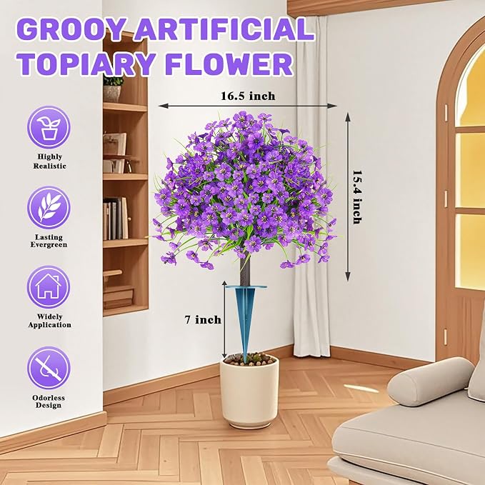 Grooy Set of 2 Artificial Topiary Ball Flower for Outdoor | UV Resistant Faux Flower with Ground Spikes, Fake Bushes Shurbs Plants, Artificial Flower for Outdoor Indoor Front Porch