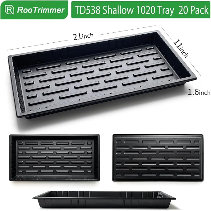 RooTrimmer 20 Pack Shallow 1020 Trays No Holes, Heavy Duty Reusable Seed Starter Flat Seedling Tray for 72/128 Cell Plug Tray, Transplant, Microgreen & Seed Germination (21"×11", 1.6" Deep, TD538)