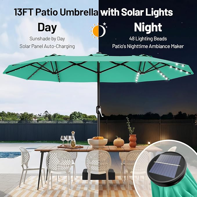 AreShark 13 FT Patio Umbrella with Solar Lights, Double-Sided Outdoor Table Umbrellas with Crank, Large Rectangular Market Umbrella for Porch, Lawn, Pool, Backyard, Cerulean
