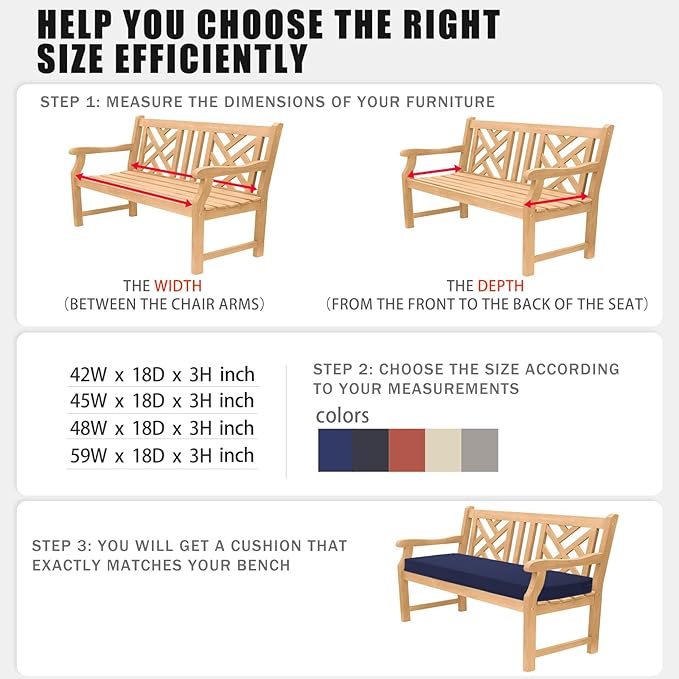 Favoyard Outdoor Bench Cushion 48 x 18 Inch Waterproof Patio Furniture Cushions 3-Year Color Fastness Garden Sofa Settee Couch Swing Pads with Handle and Attach Ties, Blue