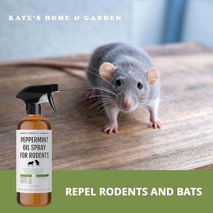Kate Naturals Peppermint Oil Spray for Rodents, Squirrels, Mouse, Bat, Rat, Car Engines, Mice (16oz, Non-Toxic Rodent Repellent, Pet Safe)