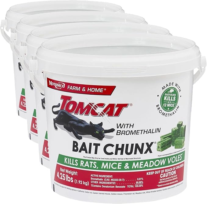 Tomcat with Bromethalin Bait Chunx Pail - Rat & Mouse Bait, Rat and Mice Control for Agricultural Use and Professional Applicators, 4.25 lbs. (Pack of 4)