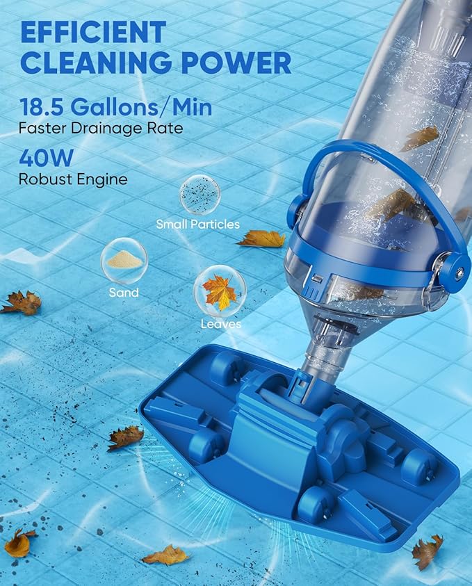 Cordless Pool Vacuum with Telescopic Pole, 18.5 GPM Powerful Suction, 1.5H Supercharge Technology, Handheld Pool Vacuum Cleaner for Above Ground/Inground Pools, Hot Tubs, Blue