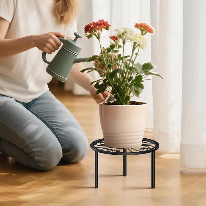 TOSKING Heavy Duty Metal Plant Stand - 9" Round Classic Scroll Pattern, Adjustable Non-Slip Leveling Feet, Rustproof, Decorative Display Shelf for Small to Medium Plants, Indoor/Outdoor, Black (9"Dia x 6.3"H)