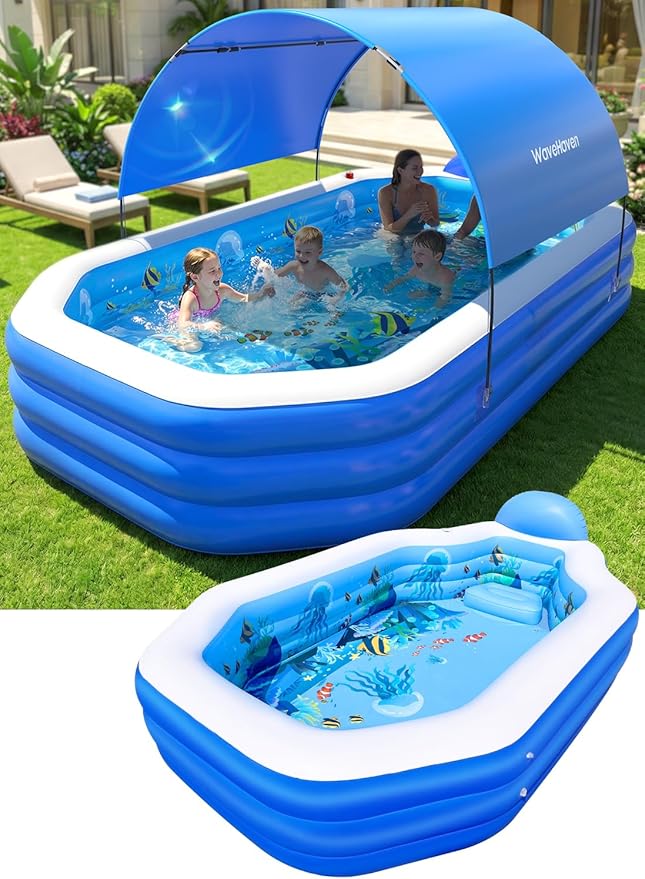 2026 Inflatable Pool with Canopy, Large Inflatable Pool for Kids,Adults, Blow Up Pools with Seats,Oversize Thickened 118"x75"x22"Inflatable Swimming Pools, Kids Pool for Backyard,Ocean Theme