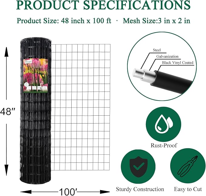 FOREHOGAR Black PVC Coated Welded Wire Fence 48 Inch x 100 Foot, 2 Inch x 3 Inch 16GA, Garden Border Fencing Roll Vinyl Coating Metal Wire Mesh for Yard Vegetable Plant Protection Poultry Netting