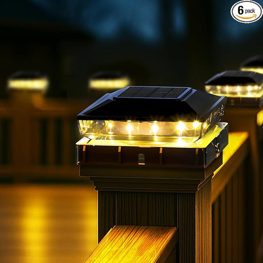 Solar Post Cap Lights, Upgraded Outdoor Deck Fence Post Solar Lights for 4x4 5x5 Wood/Vinyl Posts, IP65 Waterproof, 10-12 Hours Warm White Glow for Garden/Patio/Porch - 6-Pack, Dark Black