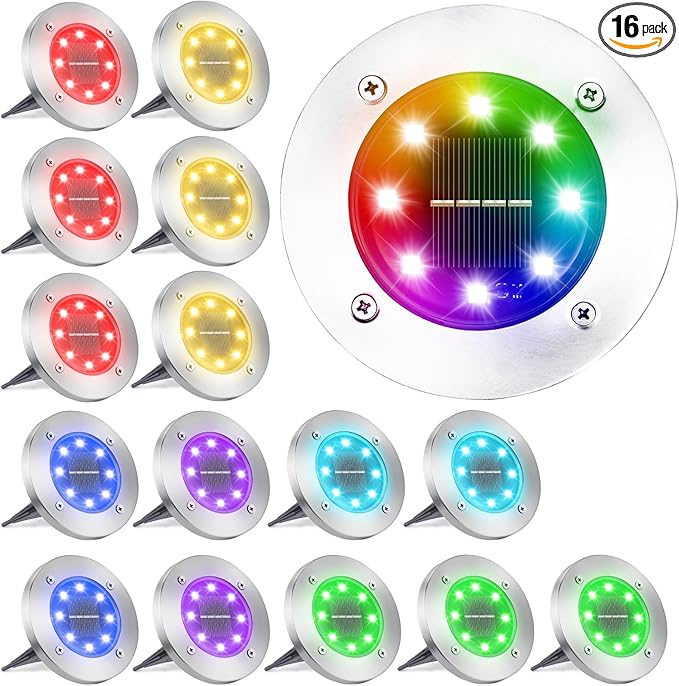 LYHOPE Solar Ground Light Outdoor, 16 Pack 8 LED Color Changing Solar Disk Lights Waterproof Garden In-ground Pathway Lights Landscape Lighting for Lawn,Yard,Deck,Patio,Walkway (RGB)