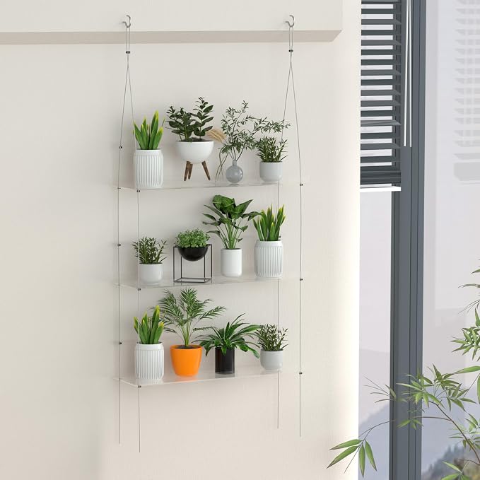 Jolitac Acrylic Window Boxes Plant Shelves for Windows, Acrylic Hanging Window Plant Shelves, Indoor Windows Wall Hanging Plant Stand Flower Display Shelves (Clear, 3-Tier)