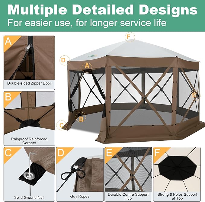 COBIZI 15x15 FT Pop Up Gazebo - Canopy Tent, Large Gazebos On Clearance with Sidewalls, Screened in Gazebo,carpas para Patio,Portable Screen Tents for 12-15 Persons Outdoor Camping, Backyard,Brown