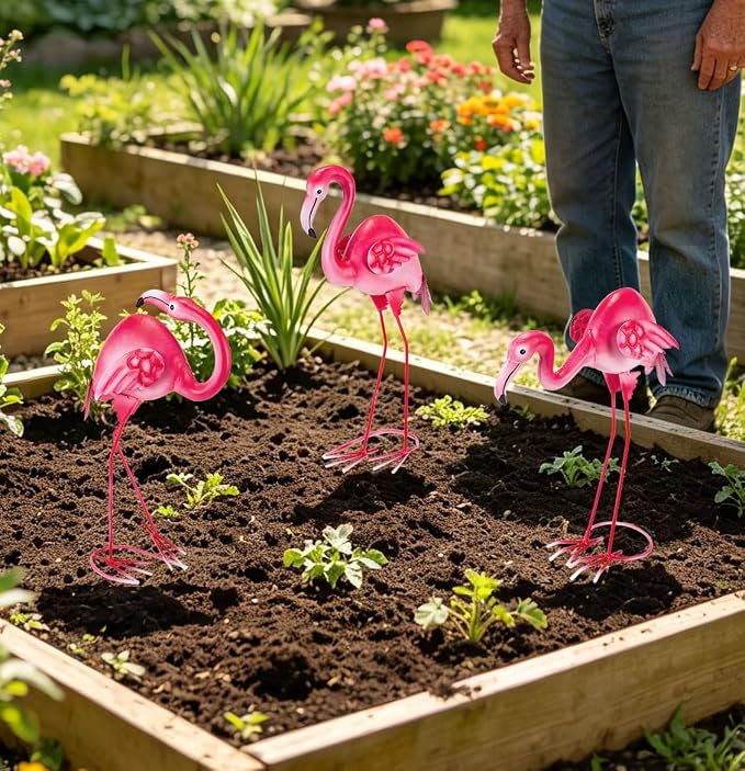 3Pcs Pink Flamingo Yard Decor 15" Metal Yard Art Outdoor Sculptures | Garden Statue Set of 3 Flamingo Birds Lawn Ornarment Tropical Décor for Outside Home Patio Porch Backyard Decorations