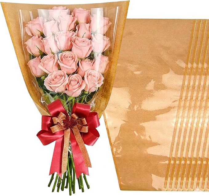 SELANTAG 50 Pack Large Flower Bags for Bouquets, Big Size Kraft Floral Wrapping Paper for Valentine's Day, Sleeves Perfect for Mother's Day, Wedding (14.2in x 22in x 5.1in)