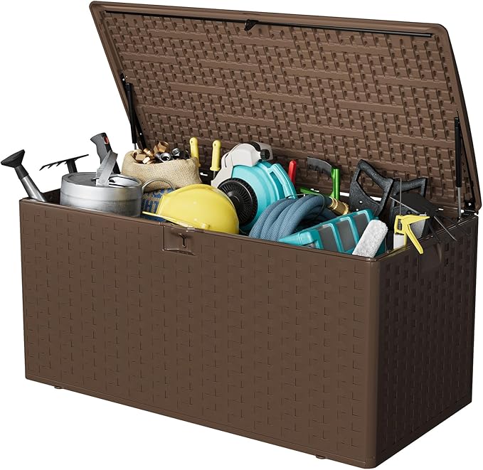 100 Gallon Outdoor Storage Box, Lockable Deck Box with Lid, Waterproof & UV-Resistant Plastic Storage Bin for Patio Cushions, Garden Tools, Pool Accessories-Brown Imitation Rattan Grain