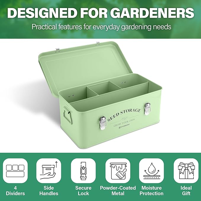Seed Storage Box Organiser – Green Garden Seeds Tin with Lid, Side Handles, 4 Compartments & Safety Lock – Seed Packet Container for Gardeners – Gardening Gift Idea with Over 100 Accessories
